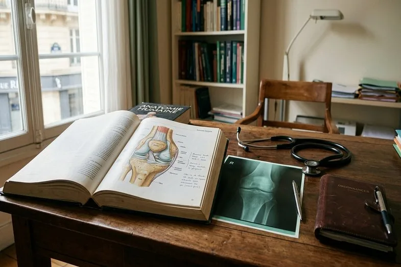 Bureau de cabinet médical avec manuel d'anatomie humaine ouvert sur coupe d'articulation du genou et radiographie du genou posée à côté, stéthoscope et ordonnancier fermé