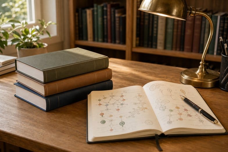 cbd-perte-poids-recherche-endocannabinoide Vue éditoriale d'une bibliothèque scientifique avec ouvrages d'endocrinologie et métabolisme sur fond naturel clair illustrant la recherche