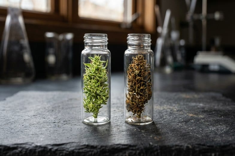 cbn-recherche-cannabinoide-mineur Macro de deux fioles en verre côte à côte sur paillasse d'ardoise, l'une contenant une inflorescence de chanvre fraîche vert clair et l'autre une inflorescence vieillie brun ambré illustrant l'oxydation naturelle des cannabinoïdes