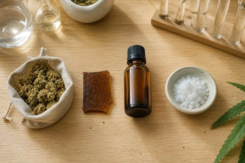 comment-choisir-son-cbd-quatre-formats-cadre-legal Quatre formats de CBD du chanvre industriel européen alignés sur paillasse en bois : sachet, plaquette, flacon, coupelle