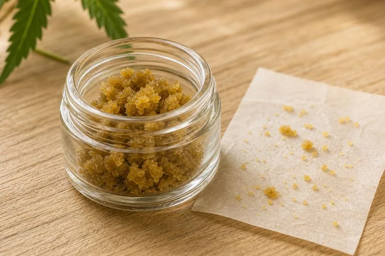 crumble-cbd-concentre-chanvre-industriel-extraction-texture Vue éditoriale d'un échantillon de concentré CBD friable et ambré présenté dans un récipient en verre transparent sur fond naturel clair