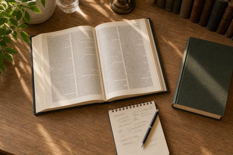 green-out-cannabis-culture-anglophone-terminologie Vue éditoriale d'un bureau de recherche linguistique avec dictionnaire ouvert, carnet de notes et ouvrages de référence