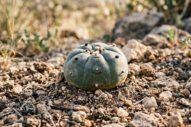peyotl-cactus-lophophora-williamsii-botanique Cactus Lophophora williamsii peyotl en gros plan dans environnement désertique avec sol calcaire et lumière naturelle