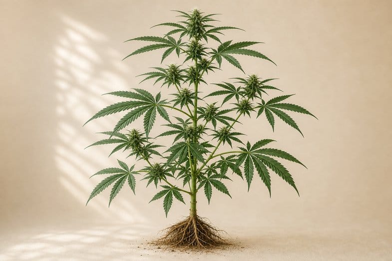 plante-de-cannabis-morphologie-botanique-cannabis-sativa Illustration éditoriale botanique d'une plante de Cannabis sativa L. en pleine floraison avec feuilles palmées et inflorescences