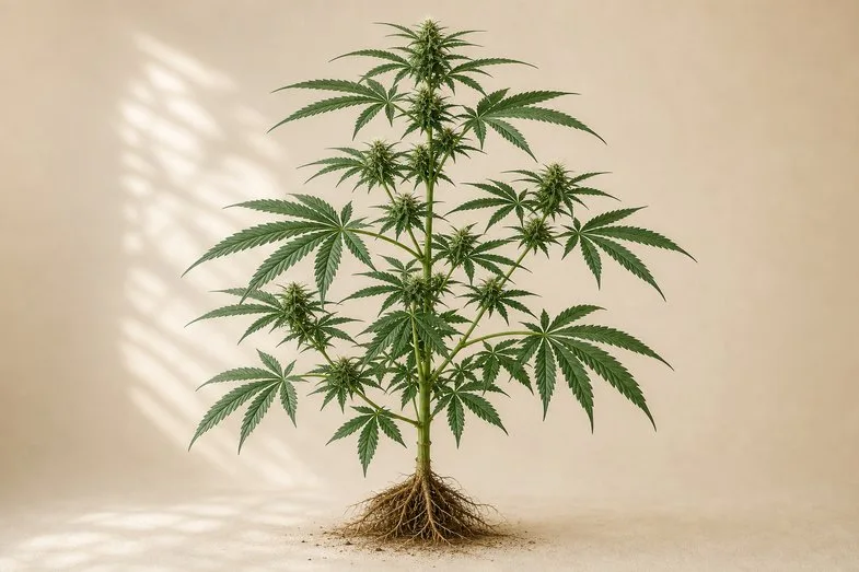 plante-de-cannabis-morphologie-botanique-cannabis-sativa Illustration éditoriale botanique d'une plante de Cannabis sativa L. en pleine floraison avec feuilles palmées et inflorescences