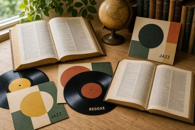 Composition éditoriale historique avec dictionnaires linguistiques ouverts, vinyles reggae et jazz vintage sur paillasse de bois clair