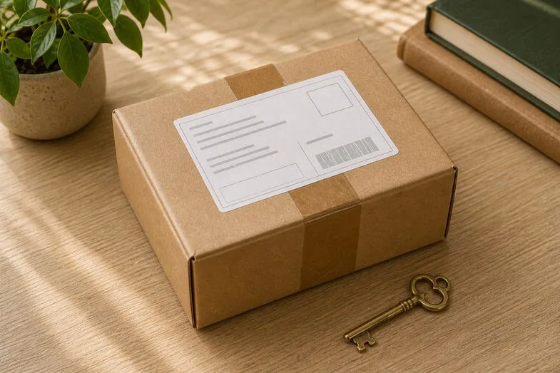 boutique-en-ligne-cbd-france-livraison-paiement-securise Détail éditorial d'un colis discret en emballage neutre avec étiquette d'expédition illisible et clé en laiton