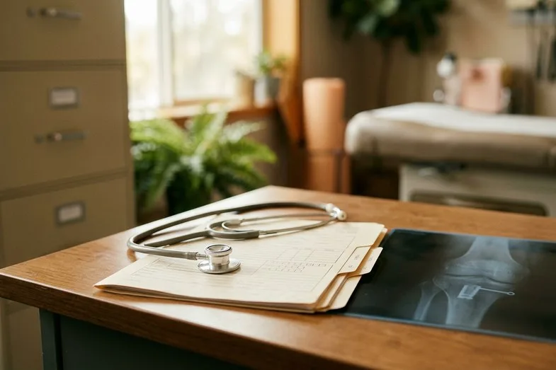 Cabinet médical avec stéthoscope, dossier patient et radiographie articulaire sur bureau éclairé en lumière naturelle douce