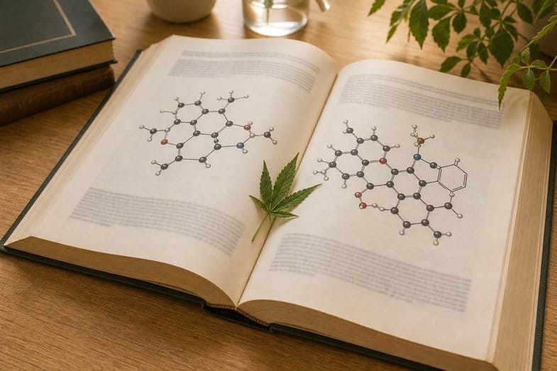 cannabidiol-thc-distinction-biochimique-systeme-endocannabinoide Détail éditorial d'un ouvrage scientifique ouvert avec deux schémas moléculaires abstraits et feuille verte en marque-page