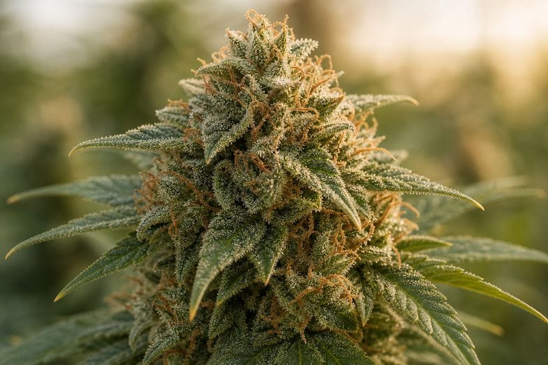 cannabis-sativa-cycle-vie-floraison-chanvre-industriel-cadre-france Détail éditorial botanique d'inflorescence femelle de Cannabis sativa L. en floraison avec trichomes cristallins et pistils orangés visibles