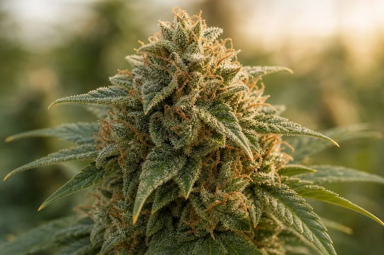 cannabis-sativa-cycle-vie-floraison-chanvre-industriel-cadre-france Détail éditorial botanique d'inflorescence femelle de Cannabis sativa L. en floraison avec trichomes cristallins et pistils orangés visibles