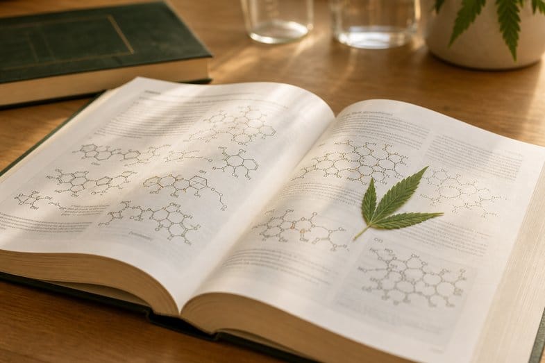 cbd-cannabidiol-recherche-academique-europe-litterature Détail éditorial d'un ouvrage scientifique ouvert avec passages soulignés sur les phytocannabinoïdes et le cadre de recherche académique européen