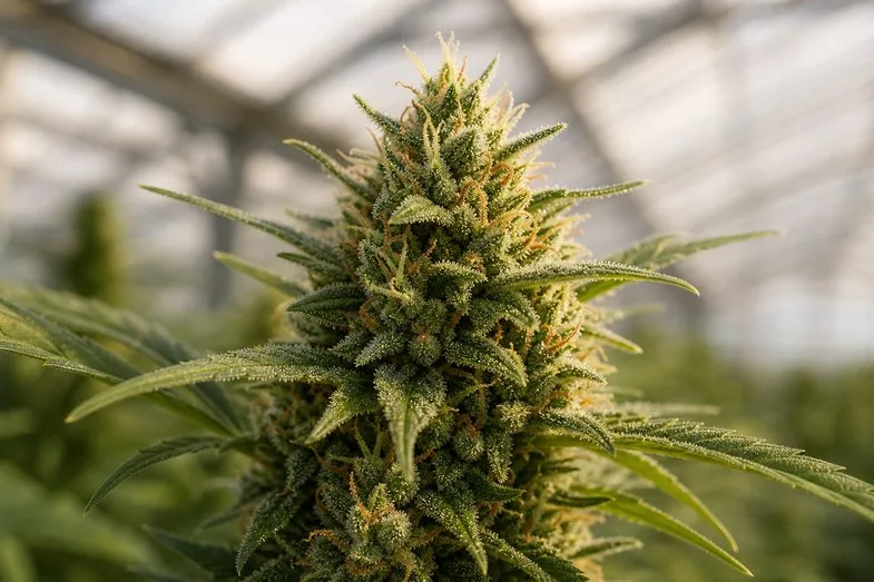 Détail éditorial d'inflorescences de chanvre industriel européen en floraison sous lumière naturelle de serre avec trichomes cristallins visibles