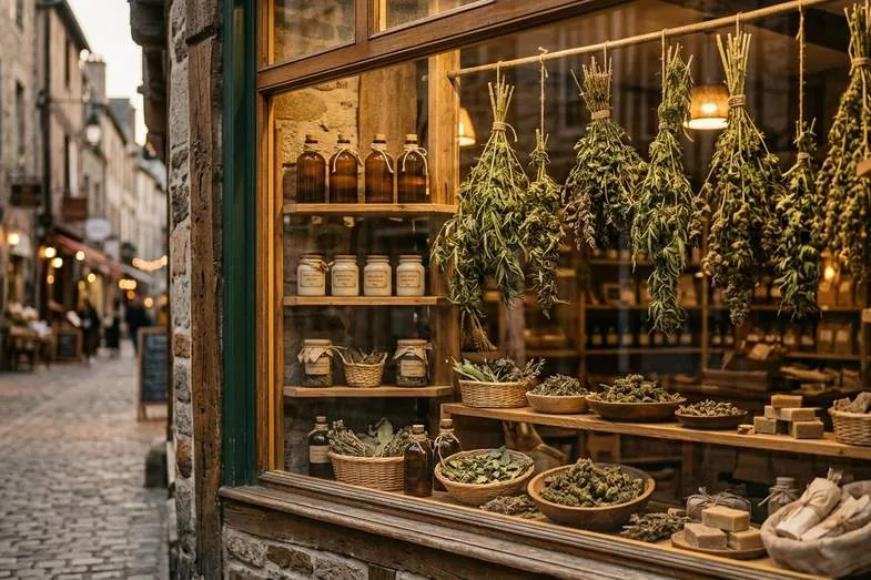 Vitrine d'une boutique européenne avec présentation de plantes et de produits dérivés du chanvre en lumière du soir