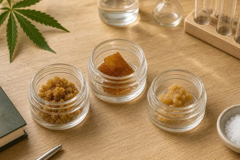 extraits-cbd-concentres-chanvre-europeen-catalogue-variete Détail éditorial d'un assortiment d'échantillons de concentrés CBD dans trois récipients de verre non étiquetés