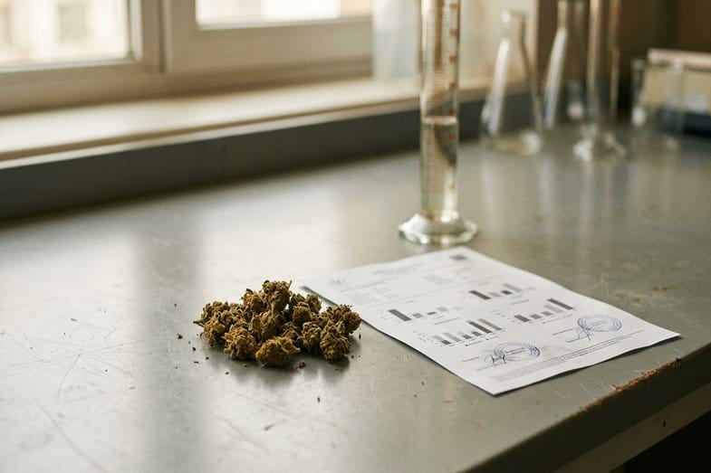 Fleurs de chanvre CBD séchées sur plan de laboratoire avec certificat d'analyse de cannabinoïdes et éprouvette graduée