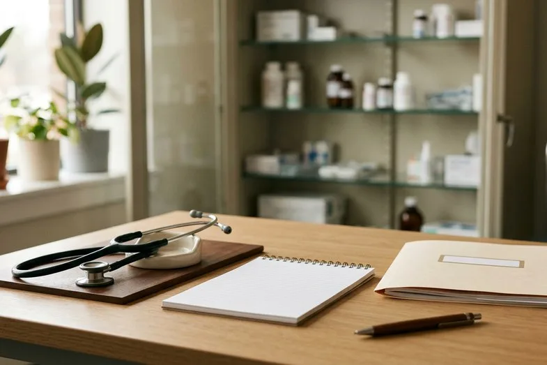 medecin-consultation-prise-en-charge-douleur Cabinet médical avec stéthoscope, carnet de notes vierge et dossier patient sur bureau en lumière naturelle douce