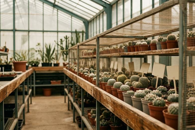 peyotl-lophophora-williamsii-cadre-legal-stupefiant Vue éditoriale d'une serre botanique scientifique avec étagères de cactus protégés et étiquettes botaniques non lisibles sous lumière naturelle douce
