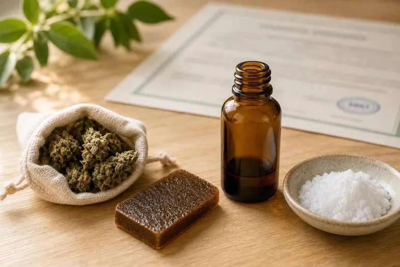 quel-cbd-choisir-guide-decision-categorie-justbob Composition éditoriale avec les quatre formats CBD du chanvre industriel disposés en éventail sur paillasse de bois clair avec certificat d'analyse