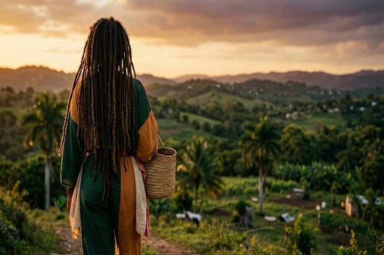 rastafari-livity-dreadlocks-jamaique Personne vue de dos avec longues dreadlocks face à un paysage rural jamaïcain au coucher du soleil