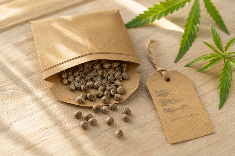Détail éditorial d'un lot de semences certifiées de chanvre industriel européen avec étiquette catalogue varietal sur fond naturel clair