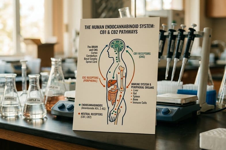 systeme-endocannabinoide-cb1-cb2-recherche Schéma scientifique du système endocannabinoïde avec récepteurs CB1 CB2 imprimés sur planche de laboratoire en lumière naturelle