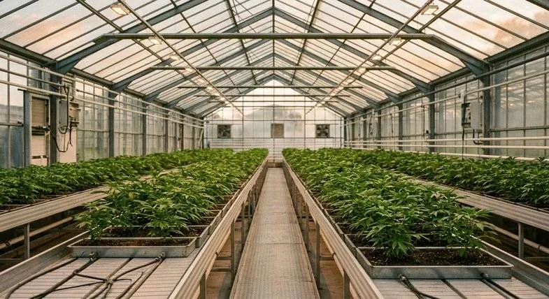 Vue éditoriale grand-angle d'une chambre de culture européenne de chanvre industriel en intérieur avec rangées de jeunes plants sous éclairage LED doux, palette verte