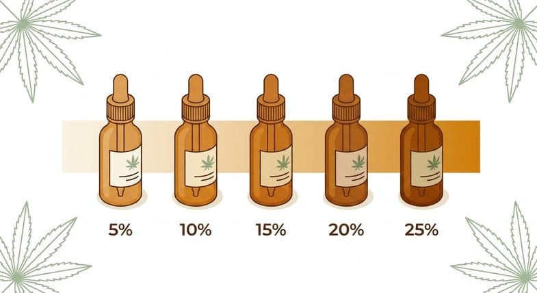 infographie-concentrations-huile-cbd-justbob Cinq flacons d'huile de CBD en gradient amber avec concentrations de 5 à 25 % et feuilles de chanvre décoratives