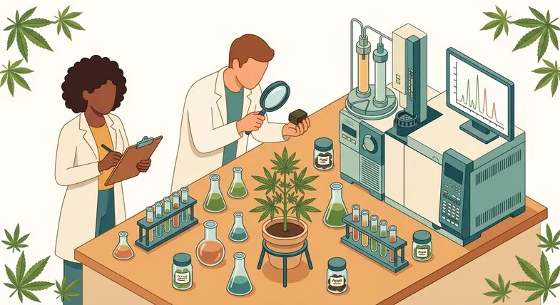 Scientifiques contrôlant la qualité d'un échantillon de hash CBD avec loupe, microscope et gas chromatographie en laboratoire