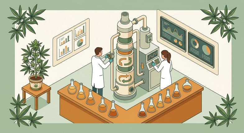 Deux scientifiques en blouse blanche op&eacute;rant une colonne d'extraction CBD industrielle avec &eacute;crans d'analyse en laboratoire