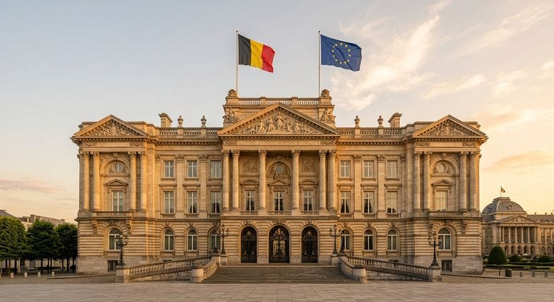 Palais royal de Bruxelles au coucher du soleil avec les drapeaux belge et européen