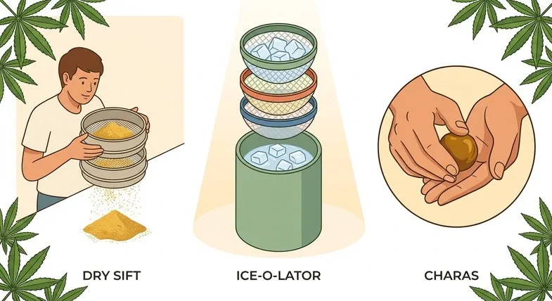 Trois méthodes traditionnelles d'extraction du hash CBD : dry sift au tamis, Ice-O-Lator à eau glacée et charas façonné à la main