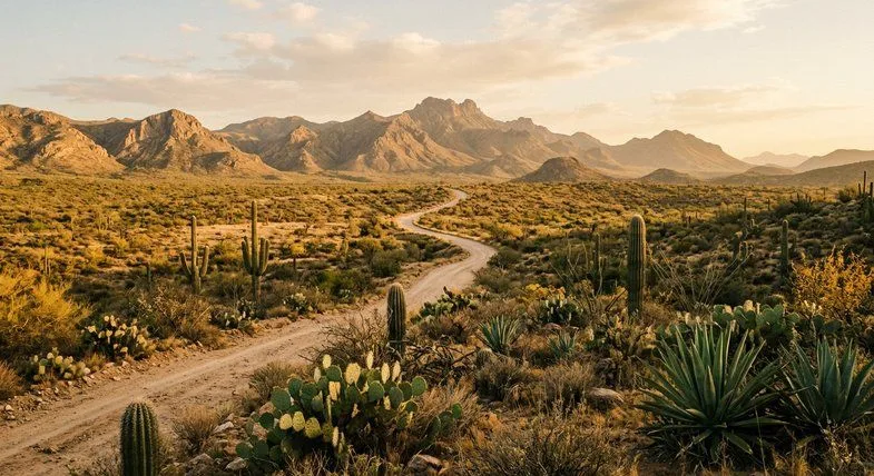 Photographie documentaire grand-angle d'un paysage rural mexicain aride avec cactus et chemin de terre menant aux montagnes lointaines, lumière dorée, aucune personne