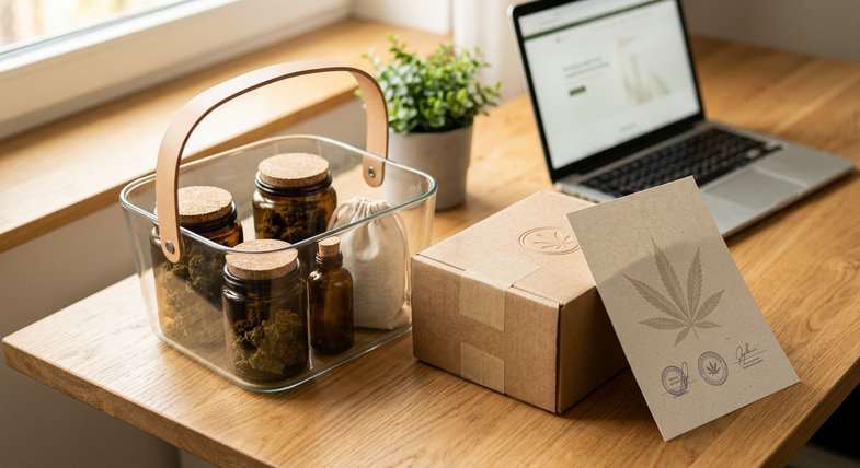 Panier en verre rempli de bocaux ambrés de fleurs de chanvre industriel CBD avec carton d'expédition scellé et carte branding cannabis posé sur un bureau en bois clair près d'un ordinateur portable affichant une boutique CBD en ligne