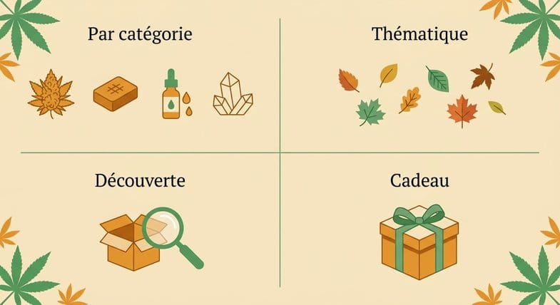 Quatre quadrants illustrant les types de packs CBD Justbob : Par cat&eacute;gorie, Th&eacute;matique, D&eacute;couverte, Cadeau, avec ic&ocirc;nes et palette warm amber-green-cream