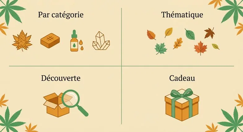 fpack-categorie-thematique-decouverte-cadeau Quatre quadrants illustrant les types de packs CBD Justbob : Par catégorie, Thématique, Découverte, Cadeau, avec icônes et palette warm amber-green-cream