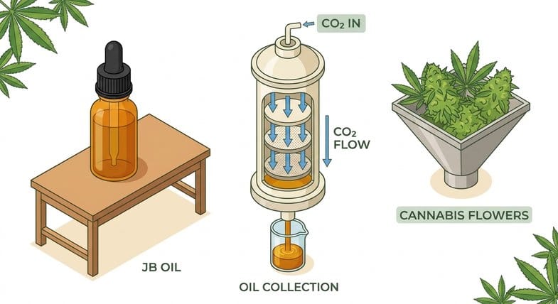 photo-flacon-jb-oil-extraction-co2-supercritique Schéma d'extraction CO2 supercritique de l'huile CBD : flacon JB Oil ambré, colonne industrielle avec flèches CO2 flow et trémie de fleurs de cannabis