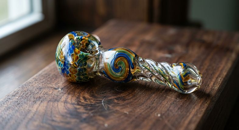 Pipe CBD en verre borosilicate souffle a la main avec motifs colores et finitions artisanales sur fond sombre