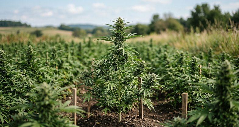 Plant de chanvre industriel Cannabis sativa L. cultivé en plein champ dans une exploitation agricole européenne illustrant la culture biologique du chanvre légal conforme au Catalogue commun européen