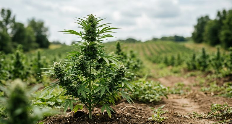 Plant de chanvre industriel européen en culture extérieure illustrant l'origine végétale des fleurs CBD vendues au gramme sur le marché légal français