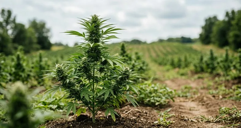 Plant de chanvre industriel européen en culture extérieure illustrant l'origine végétale des fleurs CBD vendues au gramme sur le marché légal français