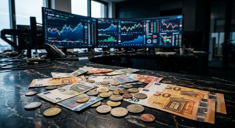 Euros en billets et pièces avec écrans de marché financier illustrant le contexte commercial du prix au gramme du cannabis CBD légal en France
