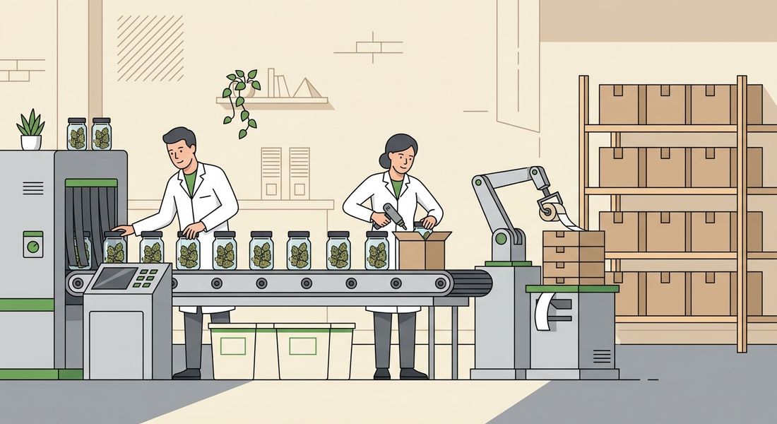 Illustration flat design d'une ligne de production et d'emballage de produits CBD avec opérateurs et tapis roulant