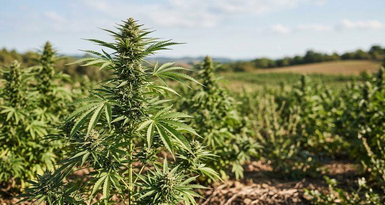 Plantation de chanvre industriel légal en champ agricole déclaré avec variétés certifiées UE à faible teneur en THC