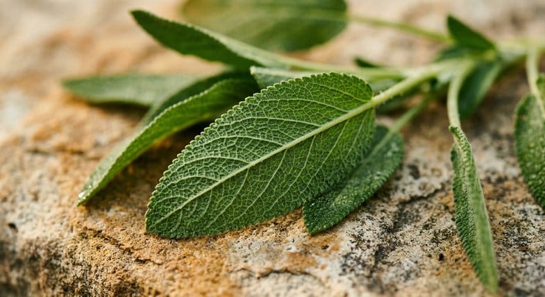 Macrophotographie botanique de feuilles vertes fraîches de salvia avec nervures marquées sur une surface en pierre, référence d'identification scientifique