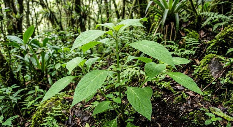 Plante de Salvia divinorum dans la forêt nuageuse de la Sierra Mazateca au Mexique avec sous-bois de mousses et fougeres