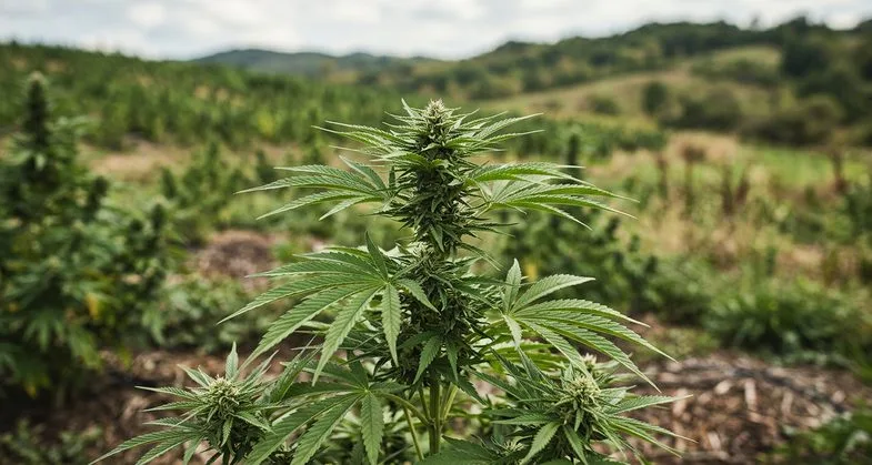 Champ de cannabis sativa L. cultivé en montagne illustrant l'origine végétale naturelle du THC dans la plante de chanvre industriel européen