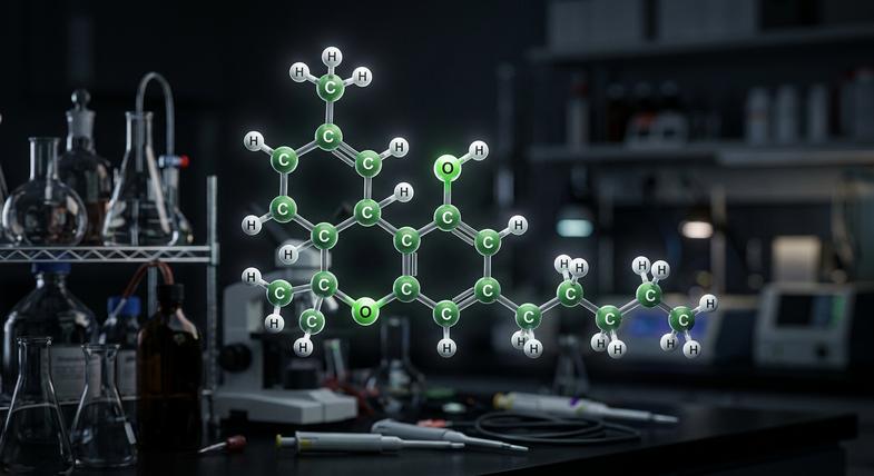 Représentation scientifique de la structure moléculaire du THC delta-9-tétrahydrocannabinol avec les atomes de carbone, hydrogène et oxygène