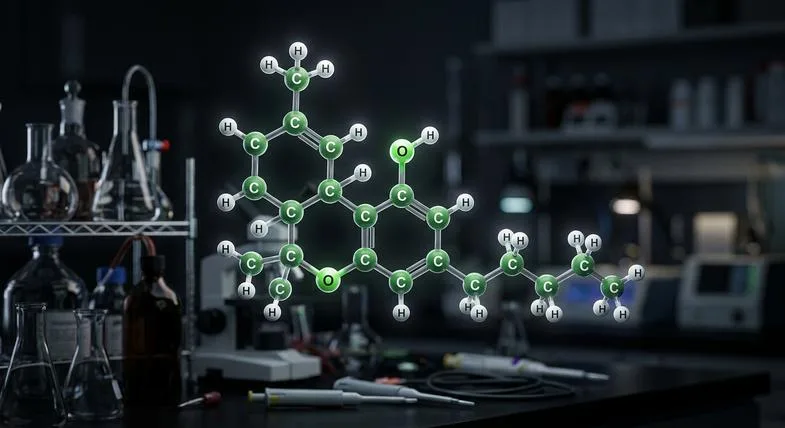 Représentation scientifique de la structure moléculaire du THC delta-9-tétrahydrocannabinol avec les atomes de carbone, hydrogène et oxygène