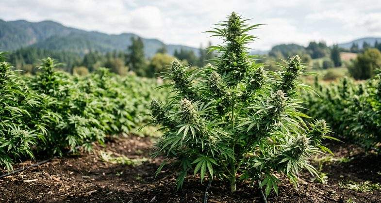Plant de chanvre industriel européen Cannabis sativa L. en culture extérieure avec inflorescences en cours de maturation riches en THCA